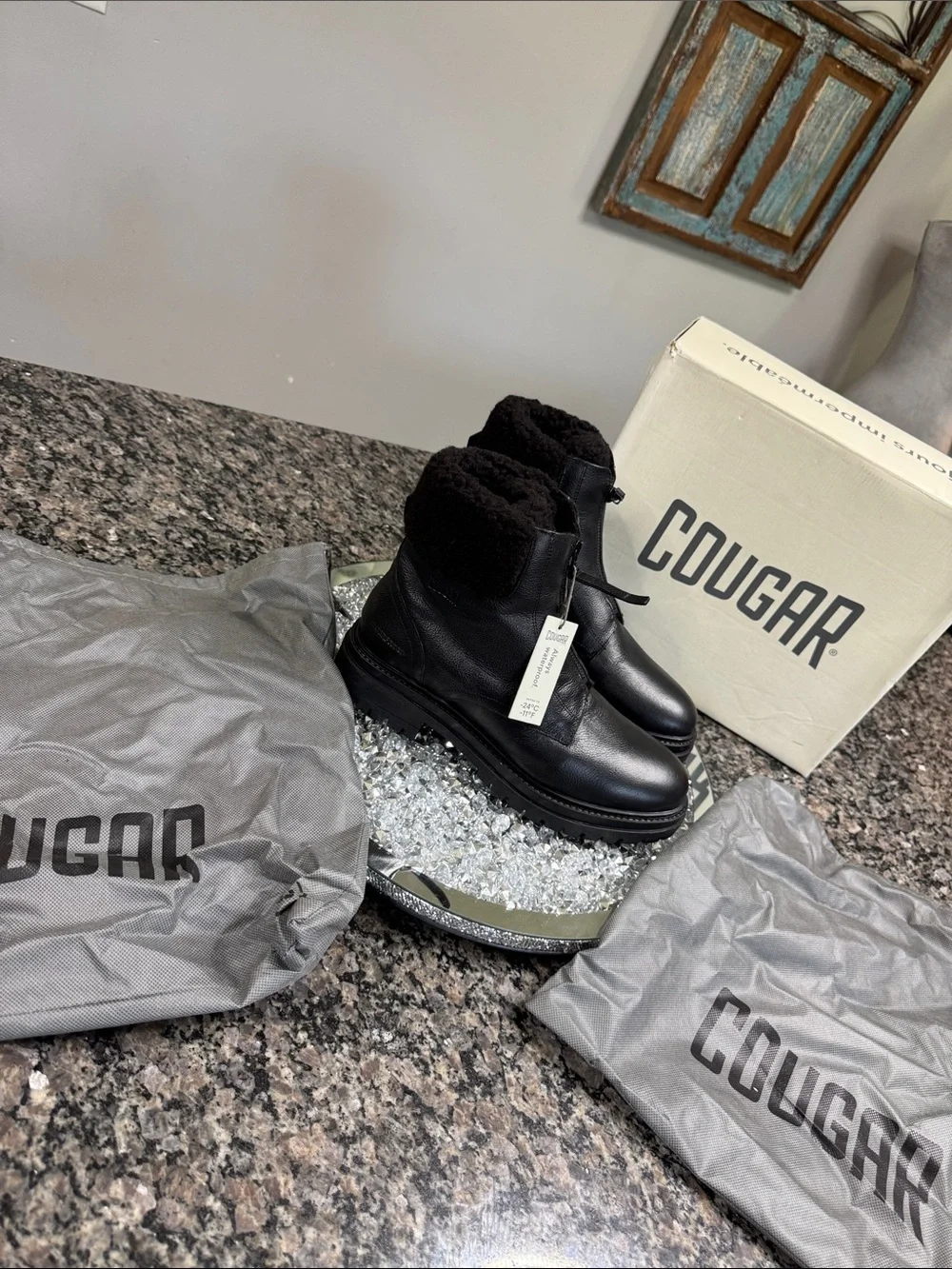 Cougar Vow Black Waterproof Leather Winter Ankle Boots with Shearling Cuff NEW